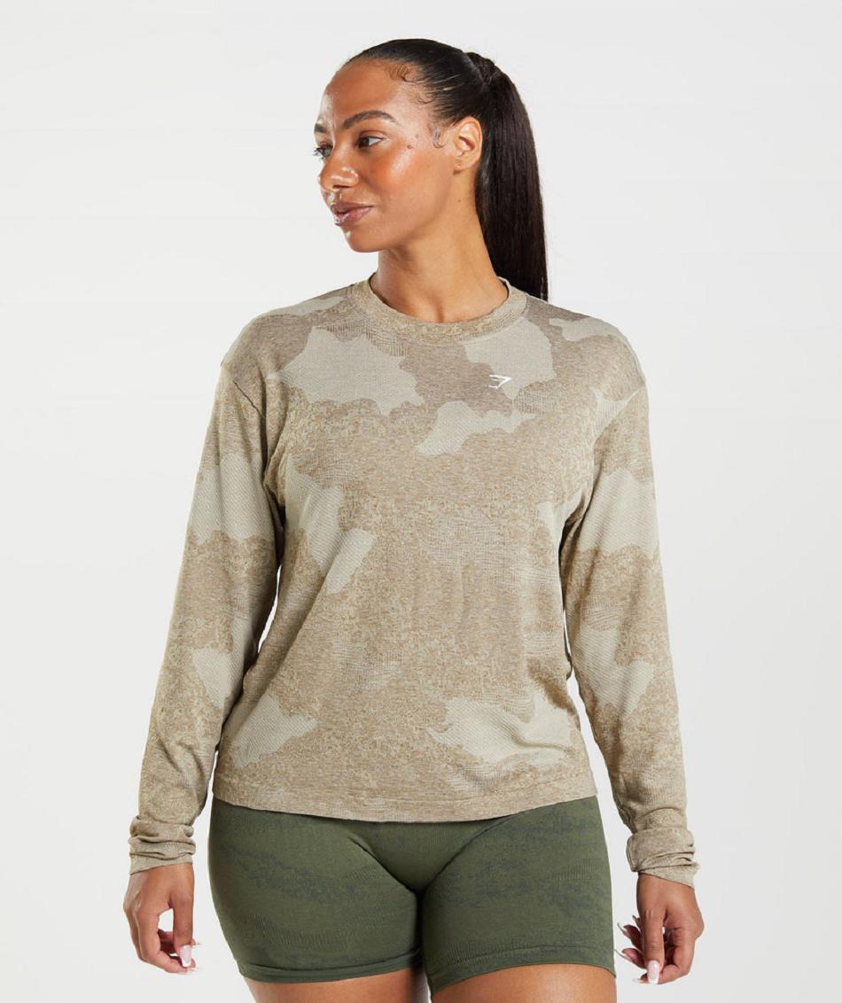 Long Sleeve Damskie Gymshark Adapt Camo Seamless Szare Brązowe | PL 2812FDN